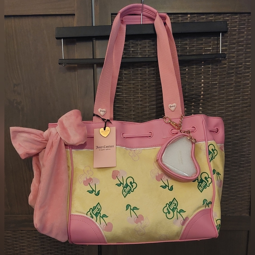 Juicy Couture Retro Cherry Print Daydreamer Tote Bag Purse Pink Yellow NWT